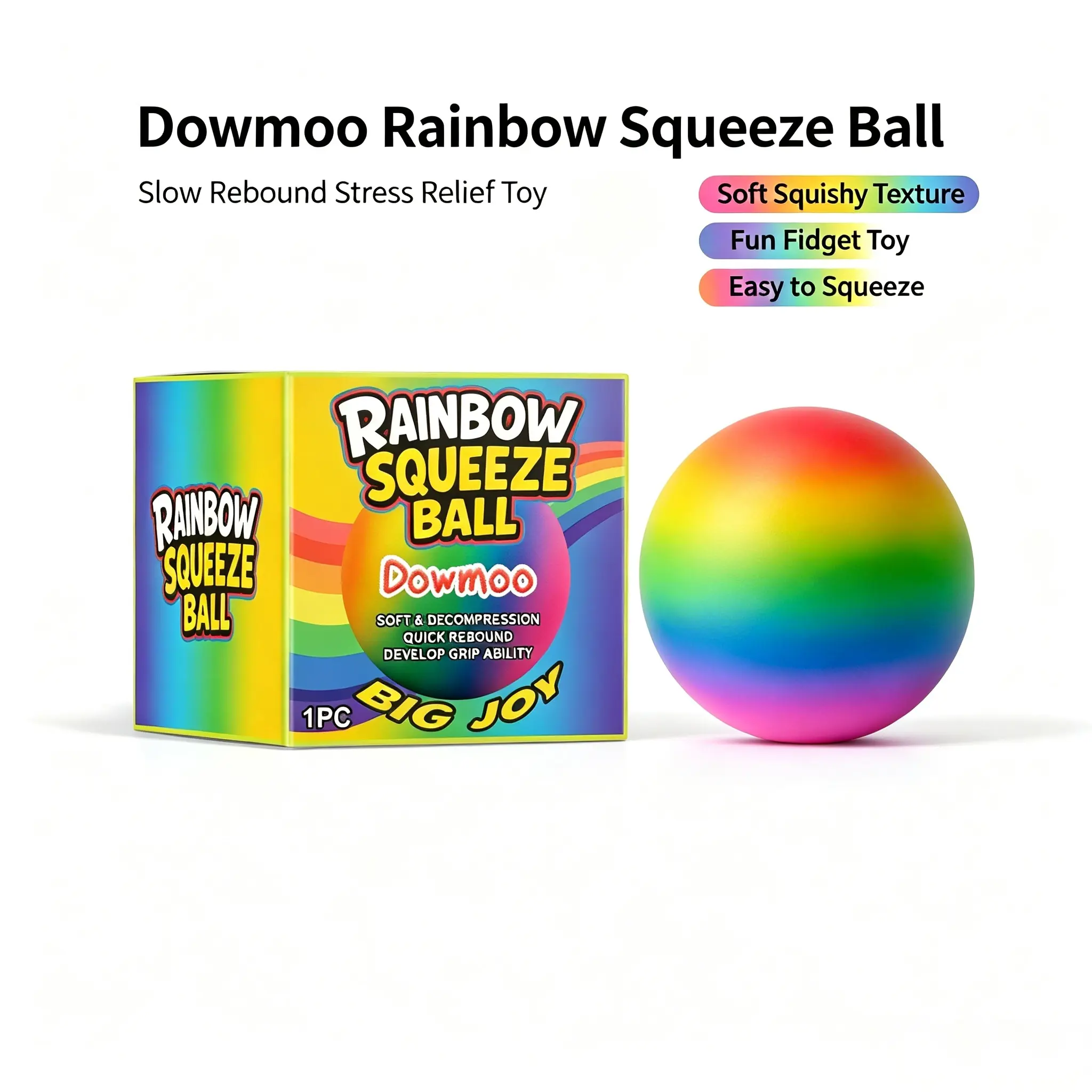 Rainbow Squishy Stress Ball, Slow Rebound Soft Rubber Squeeze Fidget Toy for Stress Relief