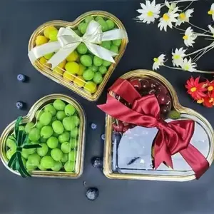Heart-Shaped Fruit Elegant Gift Box - Transparent with Gold Trim, Disposable Cherry & Strawberry Packaging, Perfect for Fruit Salad, Valentine’s Day Gifting & Party Dessert Display,Reusable