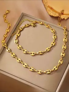 2-Piece Fashion Stainless Steel Chain Necklace Bracelet Set, Elegant Daily Wear Jewelry for Women, Perfect for Office and Parties, Matching Jewelry Set
