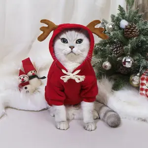 Christmas Reindeer Pet Hoodie for Dogs & Cats - Festive Red Design with Antlers & Bow Tie for Holiday Fun
