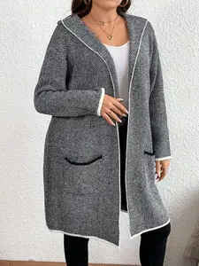 USEEN Women's Fall Cardigan Tops - 1-Piece Herringbone Pattern Knitwear with Contrast Binding, Dual Pockets, Hooded V-Neck, Long Sleeves, Fashion Casual Style Essential for Everyday Wear (2026 New)