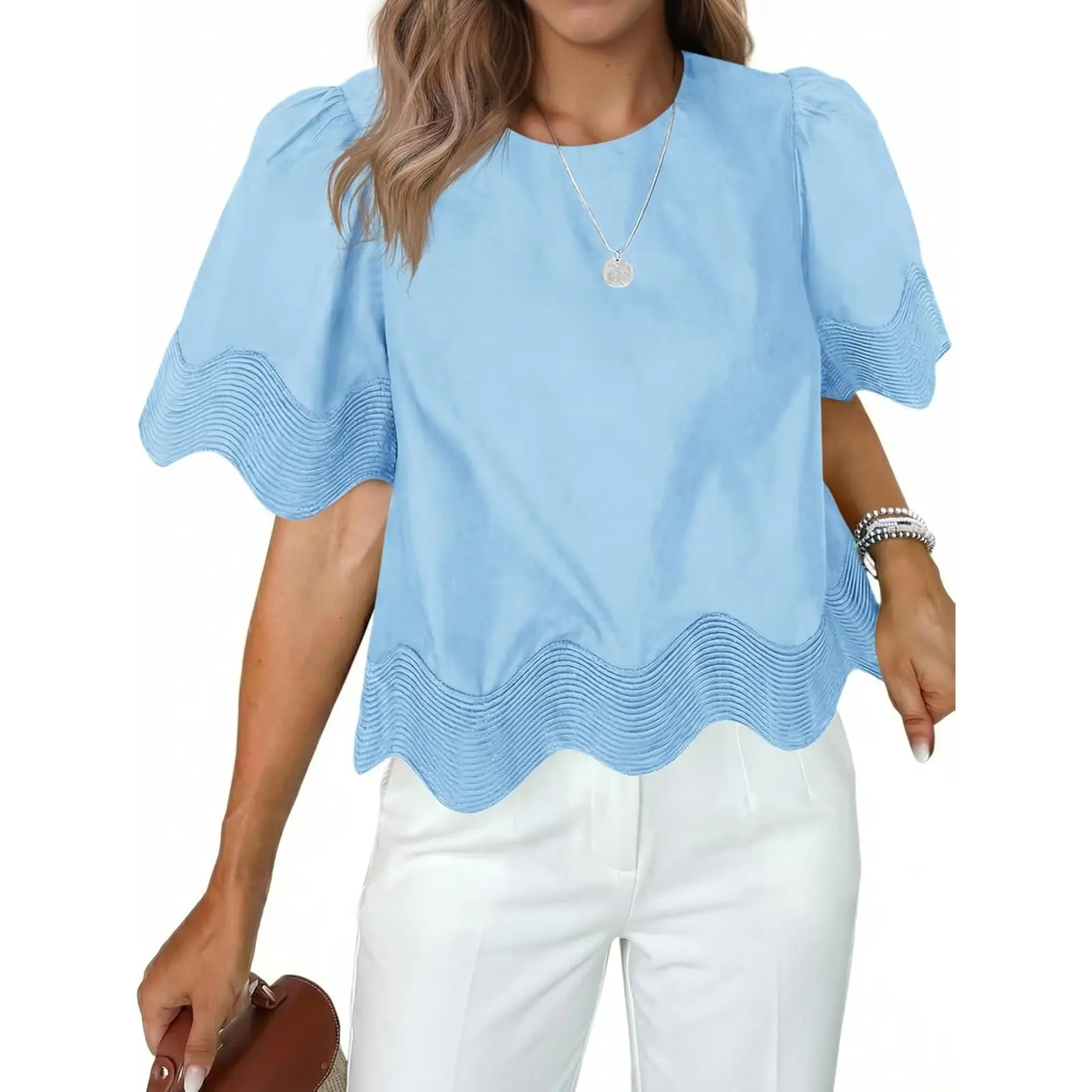 Tankaneo Womens Short Sleeve Crop Tops Summer Casual Scalloped Flowy Blouse Crewneck Ruffle Loose Fit T-Shirts
