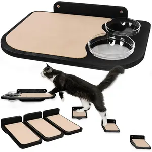 Cat Shelf - Prevents Dogs from Entering the Feeding Area, with Wall-Mounted Shelf, 3 Steps, Equipped with a Floating Shelf for Cats that can Hold up to 15 Pounds, Includes Cat Food Bowl for Easy Feeding - Black