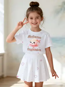 Girls' 3D Cartoon Print Top and Skirt Set, Summer Casual Slim-Fit, Round Neck Short Sleeve, Daily Wear for Kids