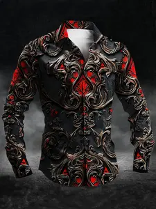 Longsleeves Men's dark-colored style shirt, made with a red and black tone and three-dimensional carving design. It features a unique Gothic style and comfortable fabric, making it a top choice for personalized clothing. Menswear Print Casual Chainsaw