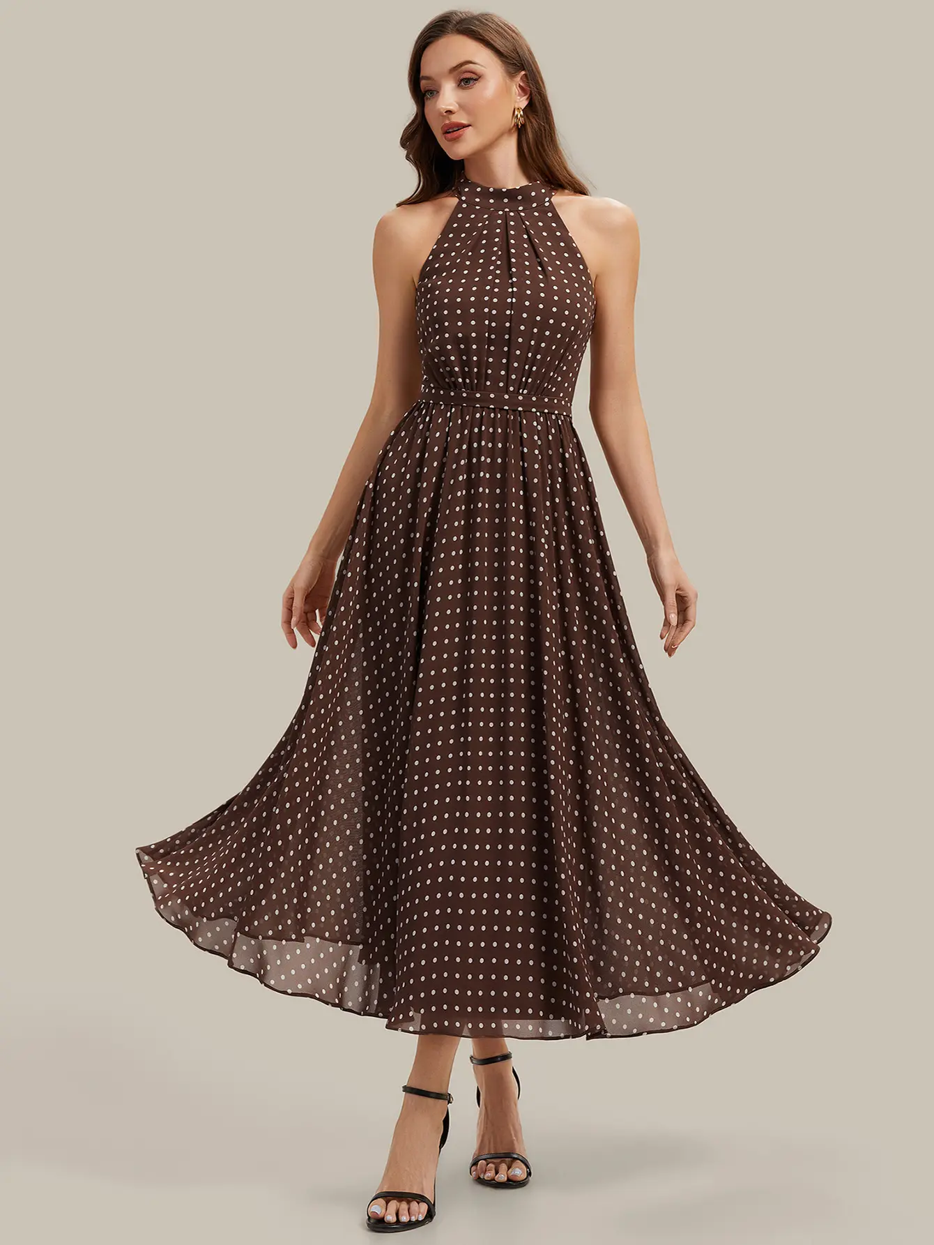 EVER PRETTY Women's Elegant Halter Neck Pleated Chiffon Dress - Airy Polka Dot Bridesmaid Gown with Zip Closure, Wedding Guest Dresses, Bachelorette Party, Baby Shower