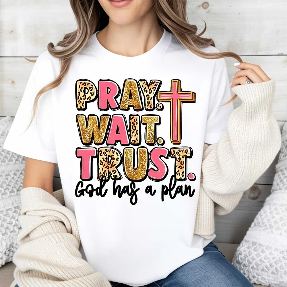 Pray Wait Trust God Has A Plan Leopard Print Cross Graphic, Raglan Long-Sleeved T-Shirt, Christian Faith Religious Inspirational Quote, Chur