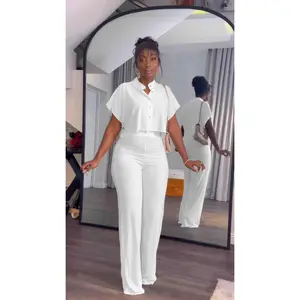 Women's Summer 2 Piece Outfits Casual Tracksuit Short Sleeve Button Down Crop Top Wide Leg Long Pant Lounge Sets