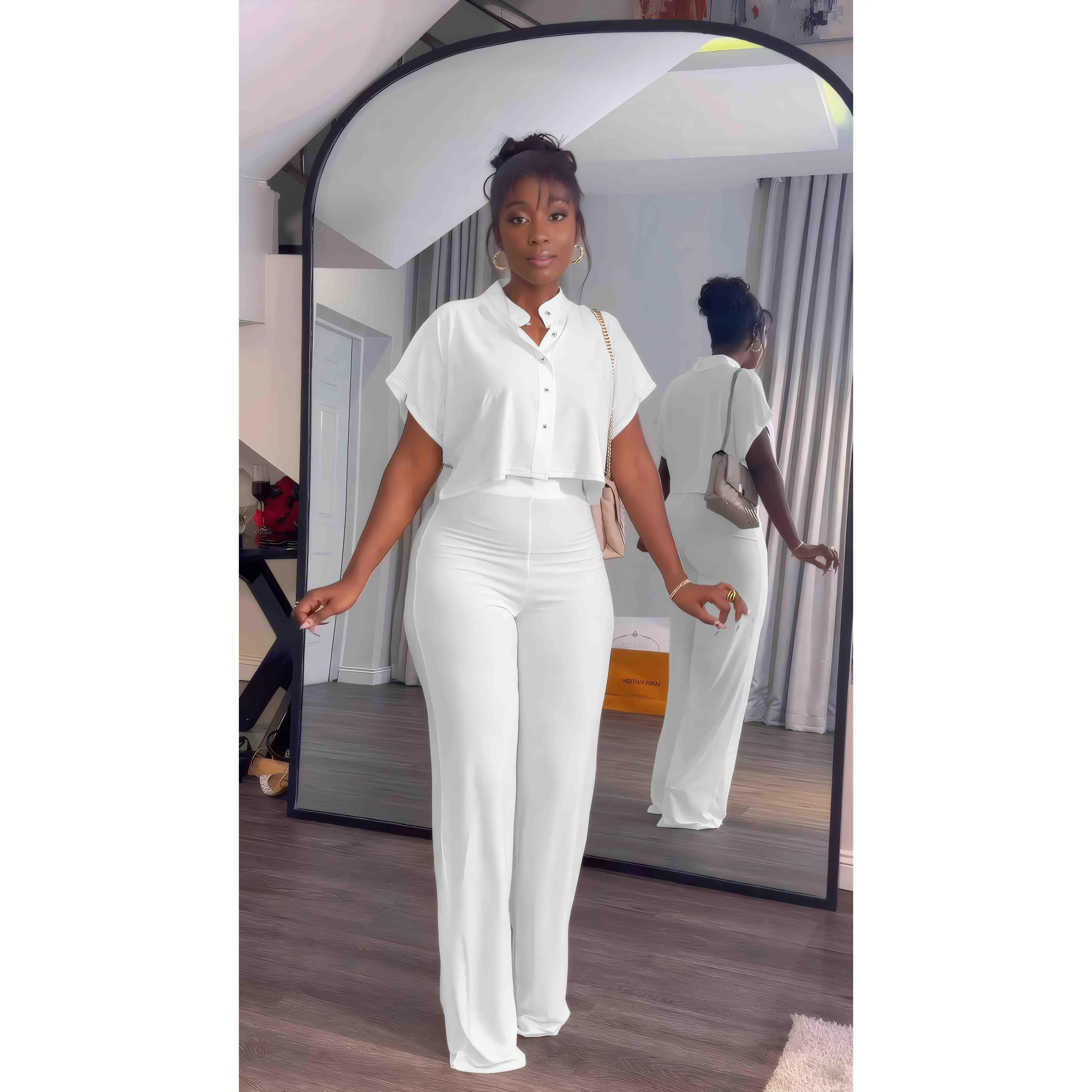 Women's Summer 2 Piece Outfits Casual Tracksuit Short Sleeve Button Down Crop Top Wide Leg Long Pant Lounge Sets