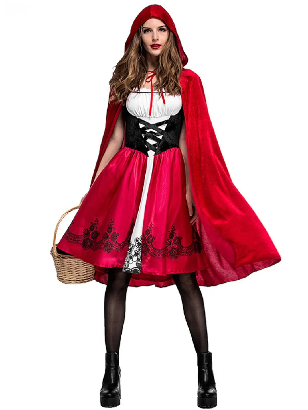 Women Little Red Riding Hood Costume, Halloween Cosplay Dress With Red Hooded Cape for Adult Party Role Play