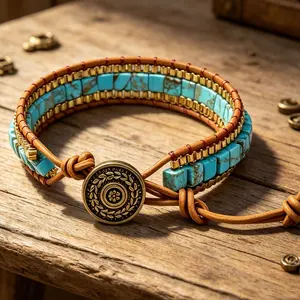 Natural Sea Sediment Jasper Wrap Bracelet | Boho Turquoise Leather Cuff | Adjustable Bohemian Healing Jewelry Men Women Gift