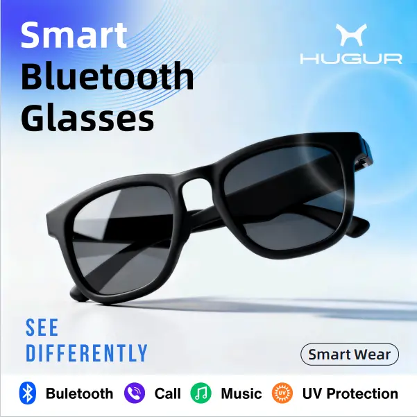 HUGUR Wireless Rectangular Smart Glasses - Unisex Adult Casual Bluetooth Wearable Tech, Multifunctional Audio Sunglasses with Built-in Mic, Speakers, UV Protection, Waterproof Music Player (Summer Use)