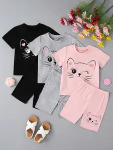 Girls' Cartoon Cat Print Solid Color Round Neck Short Sleeve Shorts Set, 3 Piece, Casual Summer Wear, Kids Fashion