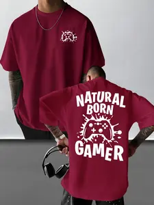 Men's Vintage Gaming Controller Print T-Shirt, Casual Loose Fit Short Sleeve Top, Animal Print, All Seasons, Fitted Style