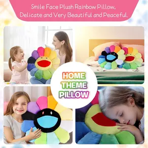 Smile Face Plush Rainbow Pillow, Sunflower Indie Decor Plush Pillow Soft & Comfortable Flower Floor Pillow for Home Reading Bed Room Decoration (40CM, Black and White)