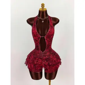 Women's Animal Print Halter Neck Deep V-Neck Bodysuit, Summer