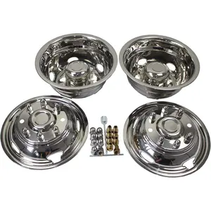 17 Inch Stainless Steel Wheel Simulator Full Kit, 8 Lug, 5 Vent Holes, Polished Finish, Over-the-lug Wheel Simulators, 2 Front Wheels and 2 Rear Wheels, Suitable for 2011-2025 Chevy GMC 3500 Dually Wheel Truck