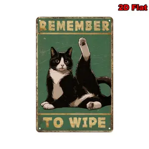 2D Flat,1pc Vintage Cat-Themed Metal Sign "REMEMBER to WIPE" - Humorous Bathroom Wall Art, Retro Decor for Home, Cafe, Bar, for Man Cave - Frameless, Animal Illustration, Bathroom Decor
