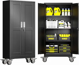 61 in Rolling Garage Storage Cabinet with Lock - Steel Cupboard with 3 Adjustable Shelves, Slim Waterproof Movable White Unit with Large Glass Door for Home, Office Use, Adjustable Shelf room bathroom
