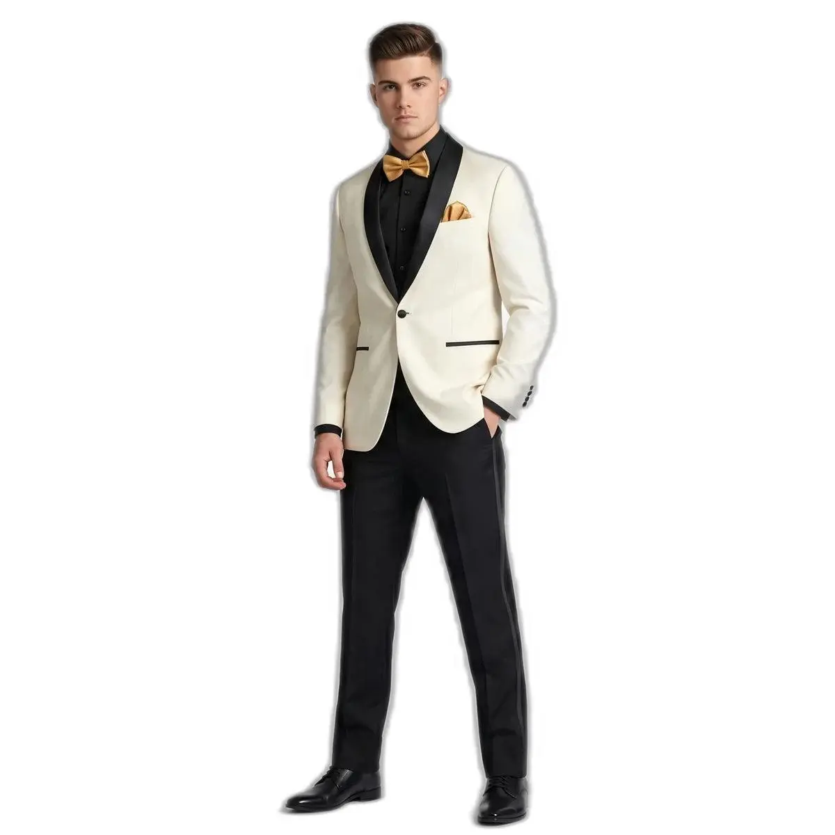 The Luxe – White Tuxedo + Black Shirt + Gold Bow Tie | Prom 2026