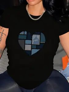 1 Pcs Graphic T Shirt for Women, Short Sleeve Summer Tops, Funny Letter Printed Loose Casual Crew Neck Tees, Summer Tops Heart Shape Patchwork Blue Pattern Design Womens Summer Short Sleeve, Shirts Beach Vacation Cutton