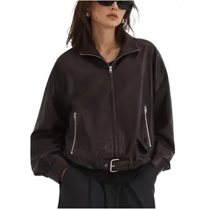 Arssm Women’s Oversized Faux Leather Jacket – Vintage Zip Up PU Moto Jacket with Belt, Lapel Long Sleeve Cropped Coat for Fall Streetwear Outfits