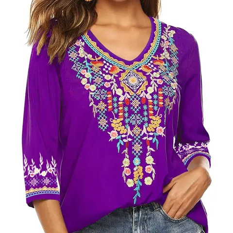 Women's Plus Size Casual Fit Floral & Geometric Print V Neck T-Shirt, Boho Chic Floral Botanical Shirt, Comfortable Breathable Tee for Everyday Wear, Stylish Ladies Top for Spring & Fall, Womenswear