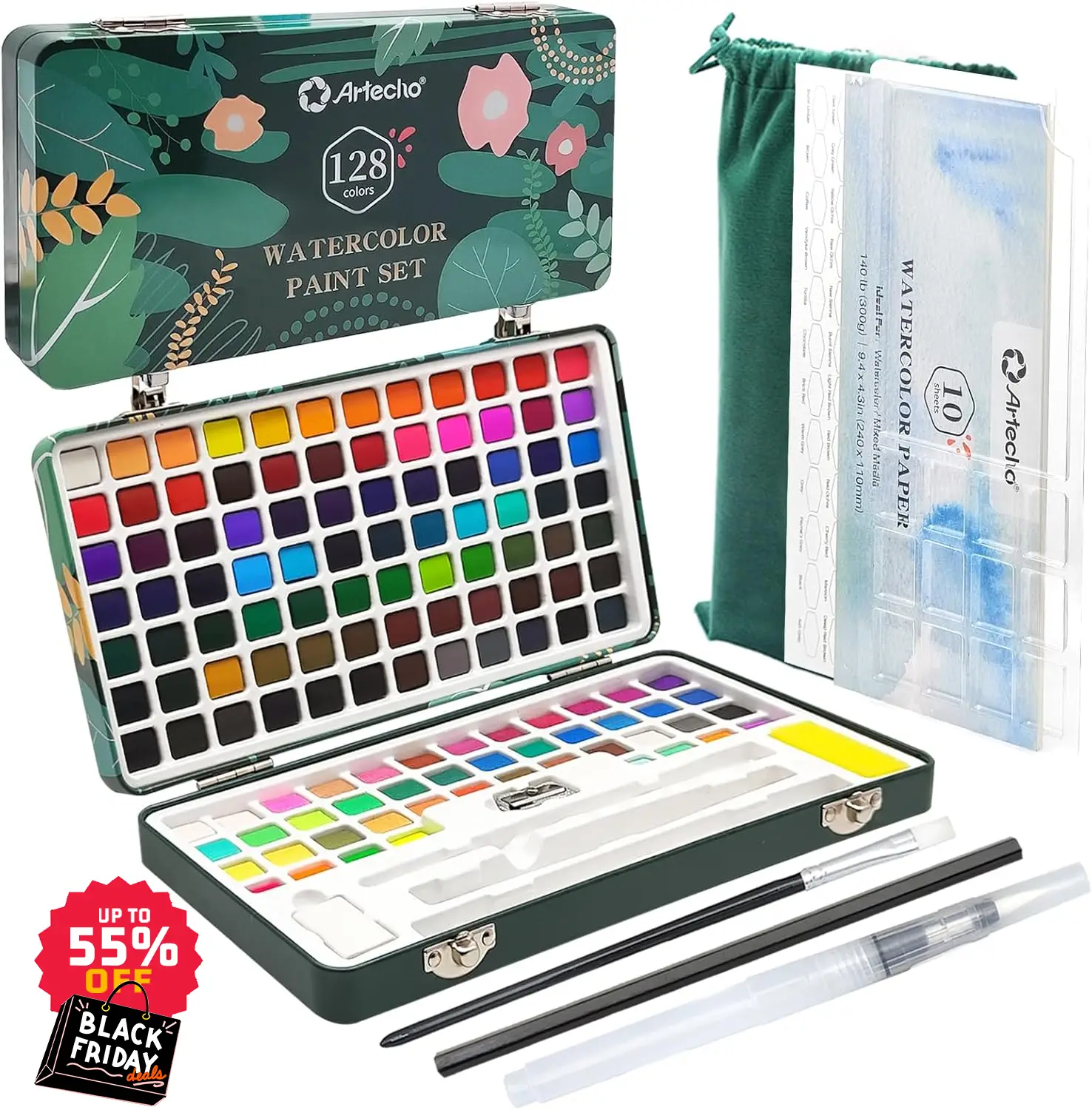 【GIFT SET】Artecho Watercolor Paint Set Portable Box, Travel Watercolor Set with Papers and Brushes, Water Color Kit for Beginners & Professionals