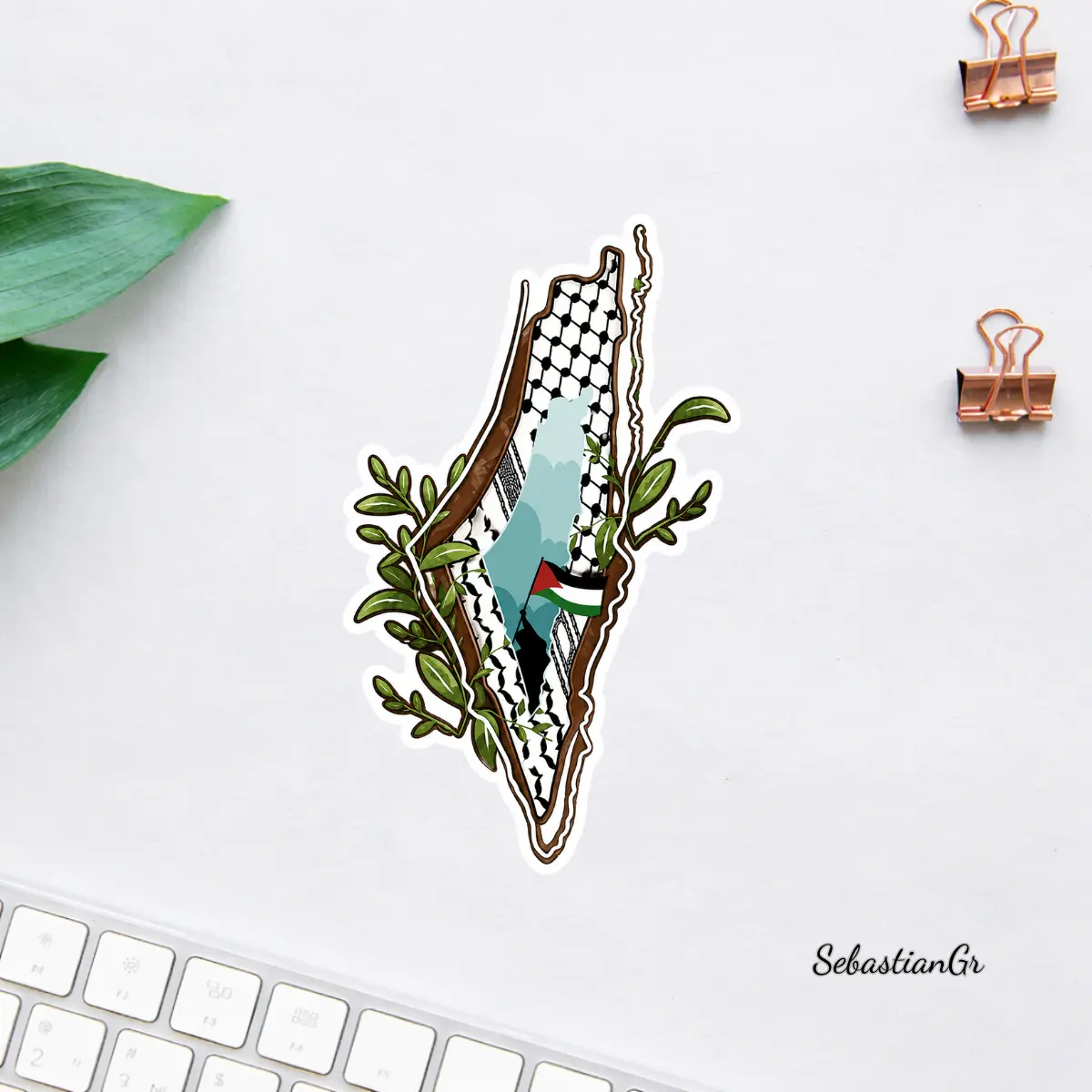 Palestine Map Sticker with Keffiyeh Pattern & Olive Branch, Free Palestine Vinyl Decal, Cultural Middle East Art