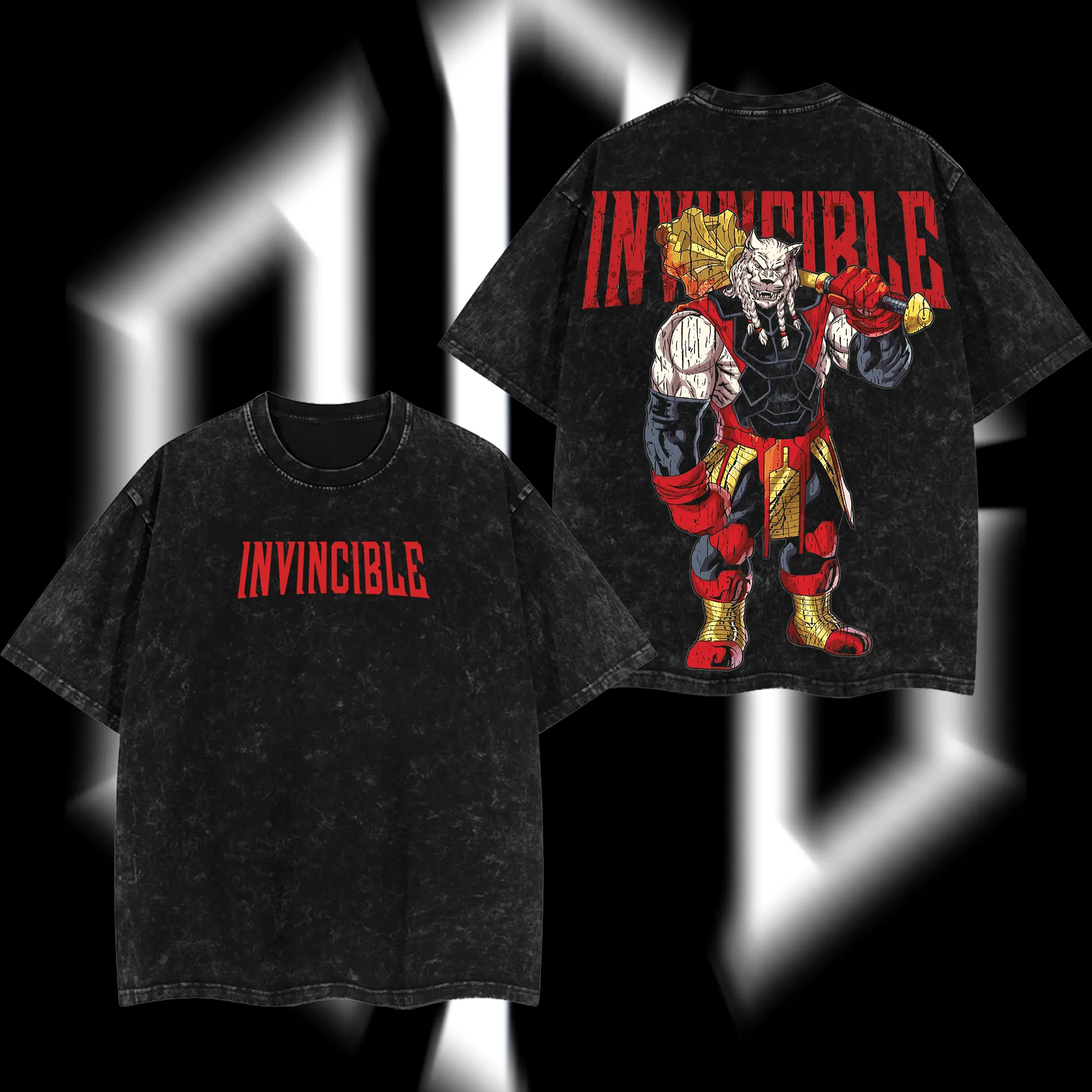 SuperStyle Men's Limited Edition Battle Beast Invincible War Comic Double-Printed Oversize Lightweight Acid-Washed Cotton Apparel, Short-Sleeve Seamless Streetwear TV Series Graphic T-Shirt