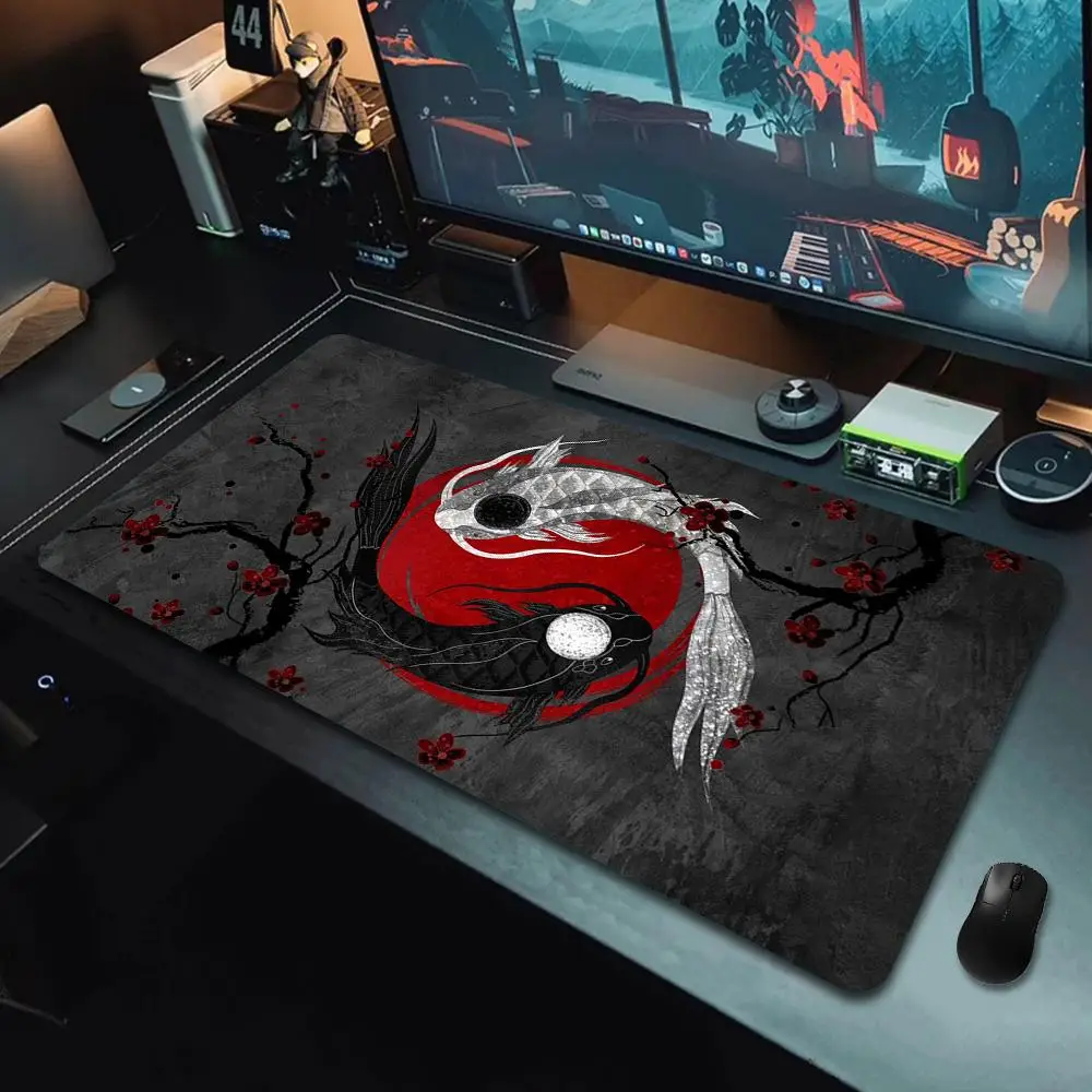 Koi Fish Design Large Gaming Mouse Pad for Gaming PC, Fun Desktop Accessories for Men, Flower & Fish Pattern Desk Mats Mouse Pads, Cool Gaming Desk Ac