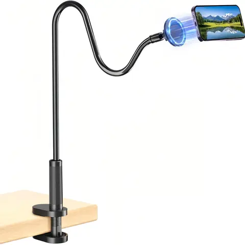 Magnetic Gooseneck Smartphone Mount - 360° Rotation Stand, Flexible Arm, Thick Plastic Stabilizing Base Desk Gadget, Adjustable Hands-Free Holder for iPhone 17/16/15/14/13/12 Pro Max/Plus/Mini, Android Phones (Desk, Bedside Use, Landscape View)