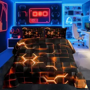 Orange and Black Bedding Set Honeycomb Comforter Set for Kids Boys Girls Decor Hexagon Theme Comforter Geometrical Beehive Duvet Set