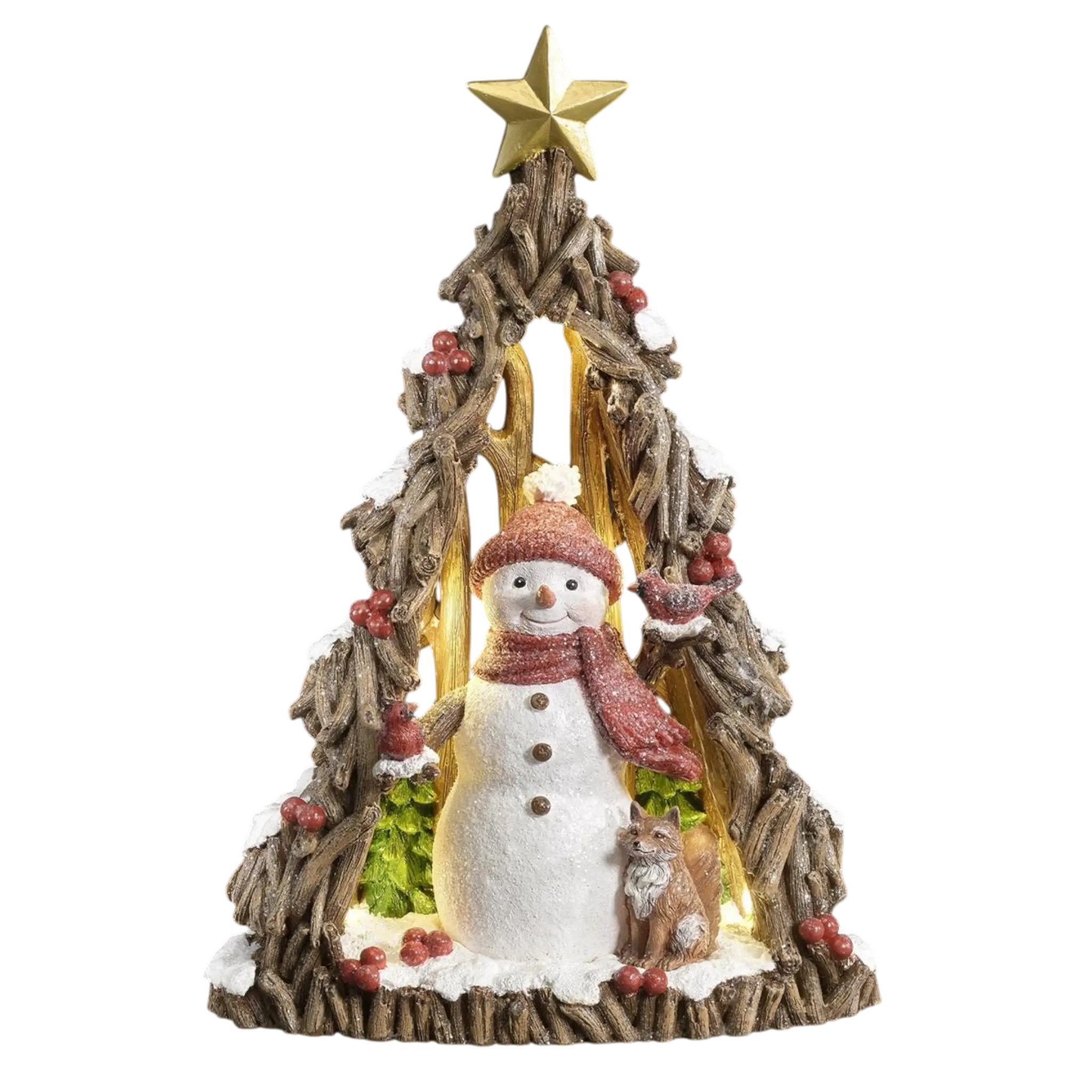 Lighted Tree  And Red Snowman With Fox Cutout