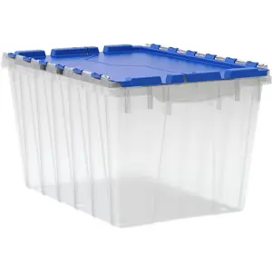 KeepBox 12 Gallon Storage Container Nesting and Stackable Plastic Storage Box with Lid Attached Clear Tote for Garages Closets and Moving 211 2 x 15 x 121 2 Clear Blue