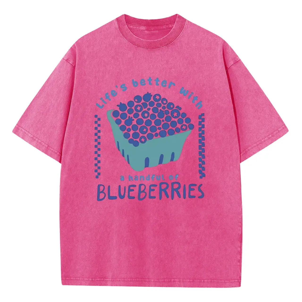 Women's Graphic T-Shirt with "Blueberry" Print, Vintage Acid Wash Drop Shoulder Top, Comfortable Short Sleeve Relaxed Fit for Everyday Wear, Shortsleeve, Piece