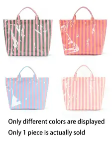 Striped Tote Bag Soft Commuter Tote High-Value Lightweight Handbag Commuter Large Capacity Portable Travel Shoulder Bag, Casual Style All Seasons