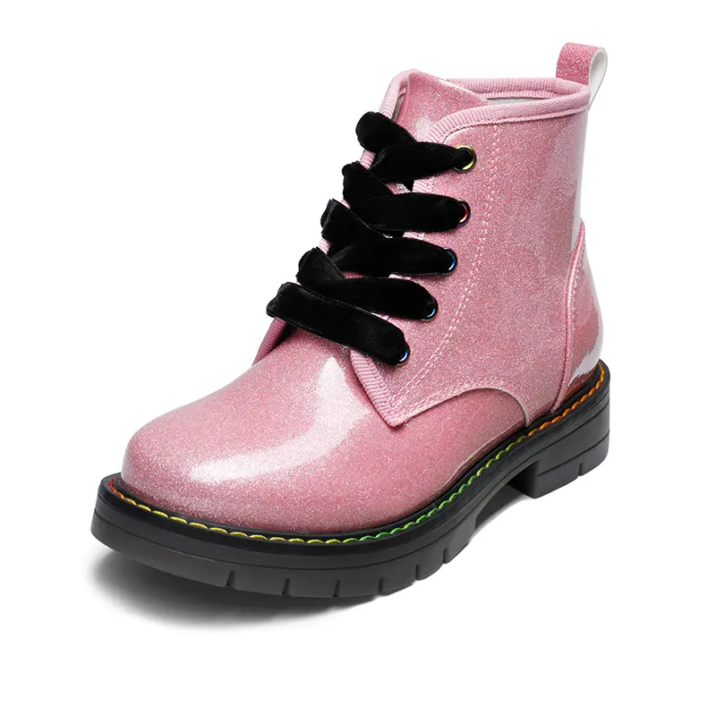 Dream Pairs Girls' Glitter Shine Ankle Combat Boots - Velvet Accents, Synthetic Build, Grippy Wet Tread, Lufeng Design, Rubber Sole, Side Zipper, Laces, Versatile Style, Sizes 10-11 Years, 11-12 Years