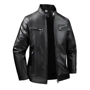 Men's black slim fit PU leather jacket - stand up collar+zipper details