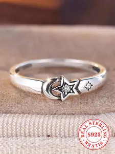 S925 Sterling Silver Star & Moon Design Ring, Fashion Jewelry Accessories for Women & Girls, Trendy All-match & Exquisite Jewelry for Birthday Gift, Elegant Fashion Rings, Statement Rings, Unique Rings