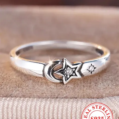 S925 Sterling Silver Star & Moon Design Ring, Fashion Jewelry Accessories for Women & Girls, Trendy All-match & Exquisite Jewelry for Birthday Gift, Elegant Fashion Rings, Statement Rings, Unique Rings, Elegant Casual Ring, Beautiful Rings, Real Rings