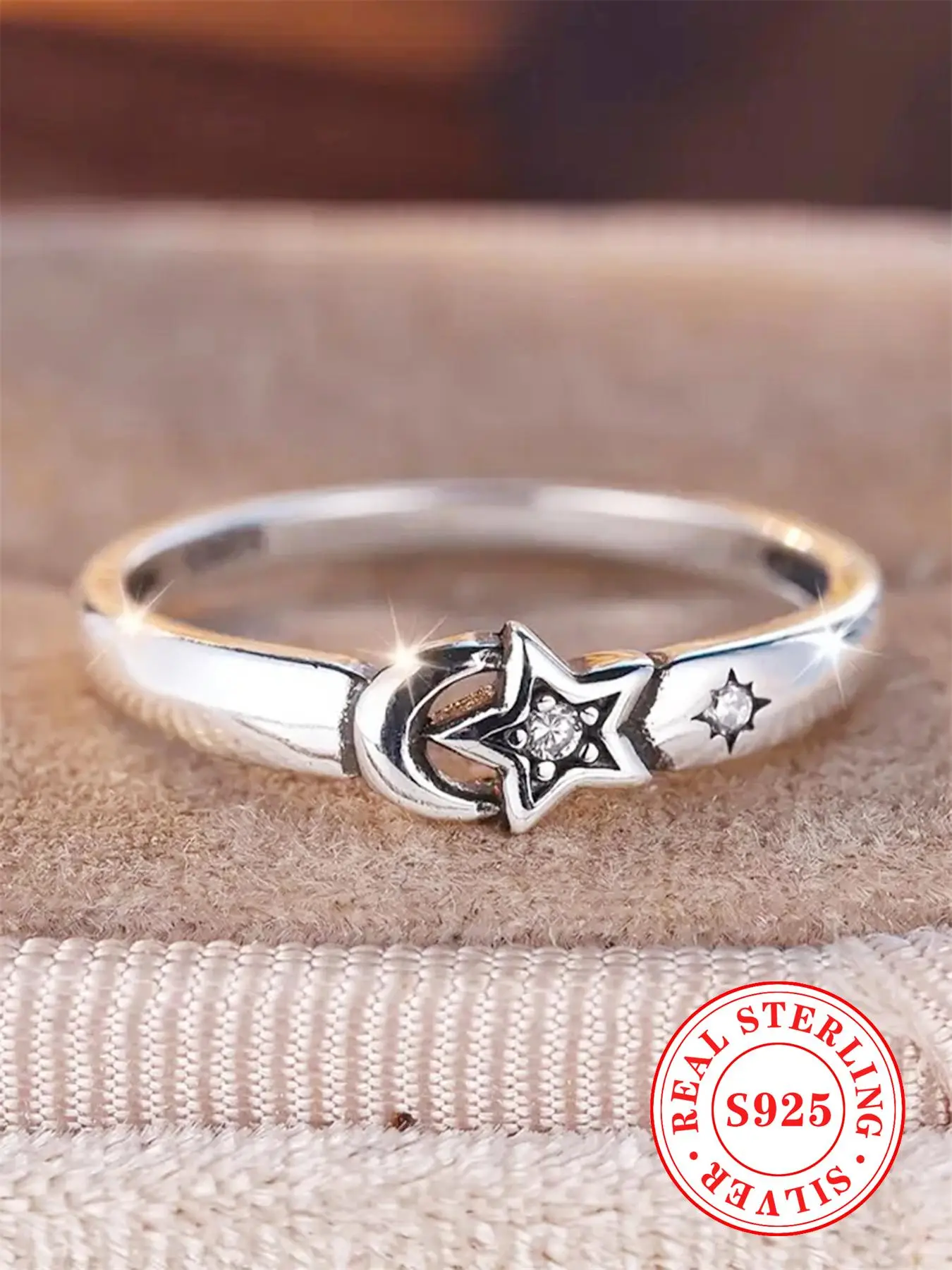 S925 Sterling Silver Star & Moon Design Ring, Fashion Jewelry Accessories for Women & Girls, Trendy All-match & Exquisite Jewelry for Birthday Gift