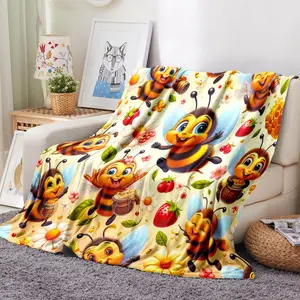 Whimsical Bee Collage Flannel Throw Blanket, Adorable Cartoon Bee & Honey Jar Print, Super Soft Fleece Blanket for Bedroom Living Room Napping, Durable No-Fade Art Blanket for Daily Use & Sweet Gift