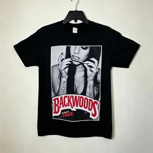 Cool “Backwoods” print oversized loose T-shirt, 100% cotton crew neck short sleeves square graphic streetwear casual retro unisex everyday outdoor T-shirt
