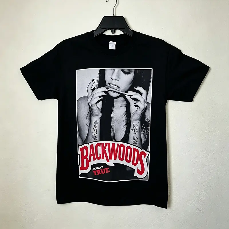 Cool “Backwoods” print oversized loose T-shirt, 100% cotton crew neck short sleeves square graphic streetwear casual retro unisex everyday outdoor T-shirt
