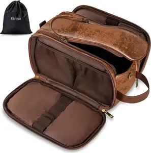 Elviros Toiletry Bag for Men, Large Travel Shaving Dopp Kit Water-Resistant Bathroom Toiletries Organizer PU Leather Cosmetic Bags Elviros