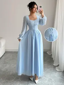 Women's A-Line Dress Long Sleeve Round Neck Waist Cinched Comfortable Fit Nk-0004-506003, Elegant Chic Design Ladies Fashion