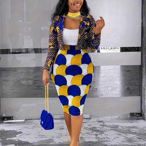 Women's Elegant Feminine Floral Geometric Blazer Jacket & Bodycon Skirt Matching Set Suits, Fitted Crop Top Outerwear, All Season Fashion Womenswear, Cropped, Outfit Set