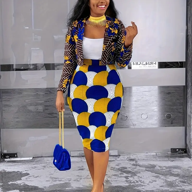 Women's Elegant Feminine Floral Geometric Blazer Jacket & Bodycon Skirt Matching Set Suits, Fitted Crop Top Outerwear, All Season Fashion Womenswear, Cropped, Outfit Set