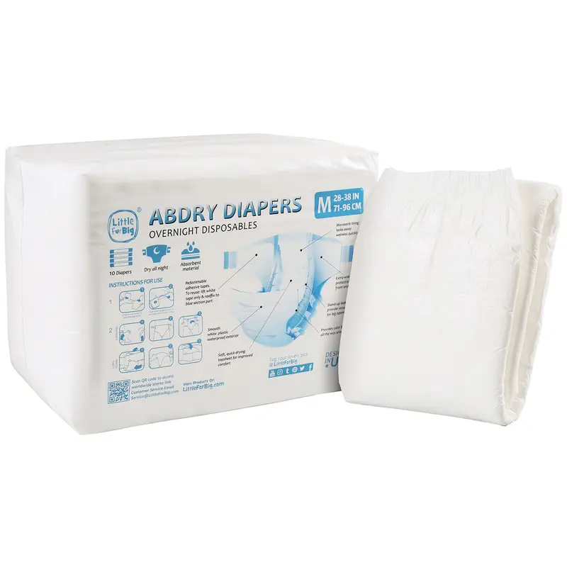Littleforbig ABDry Disposable Adult Diapers - 10-Piece White Taped Briefs with Tab Closure, Plastic-Backed Solid Design, Soft Absorbent Material, Ideal for Women's Nighttime Incontinence Care, Single-Use Incontinence Care Adult Diapers